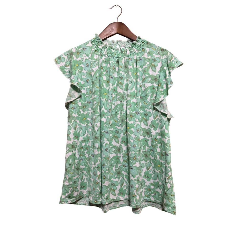 Melloday Smocked Mock Neck Blouse Womens XL Green Floral Flutter Sleeve